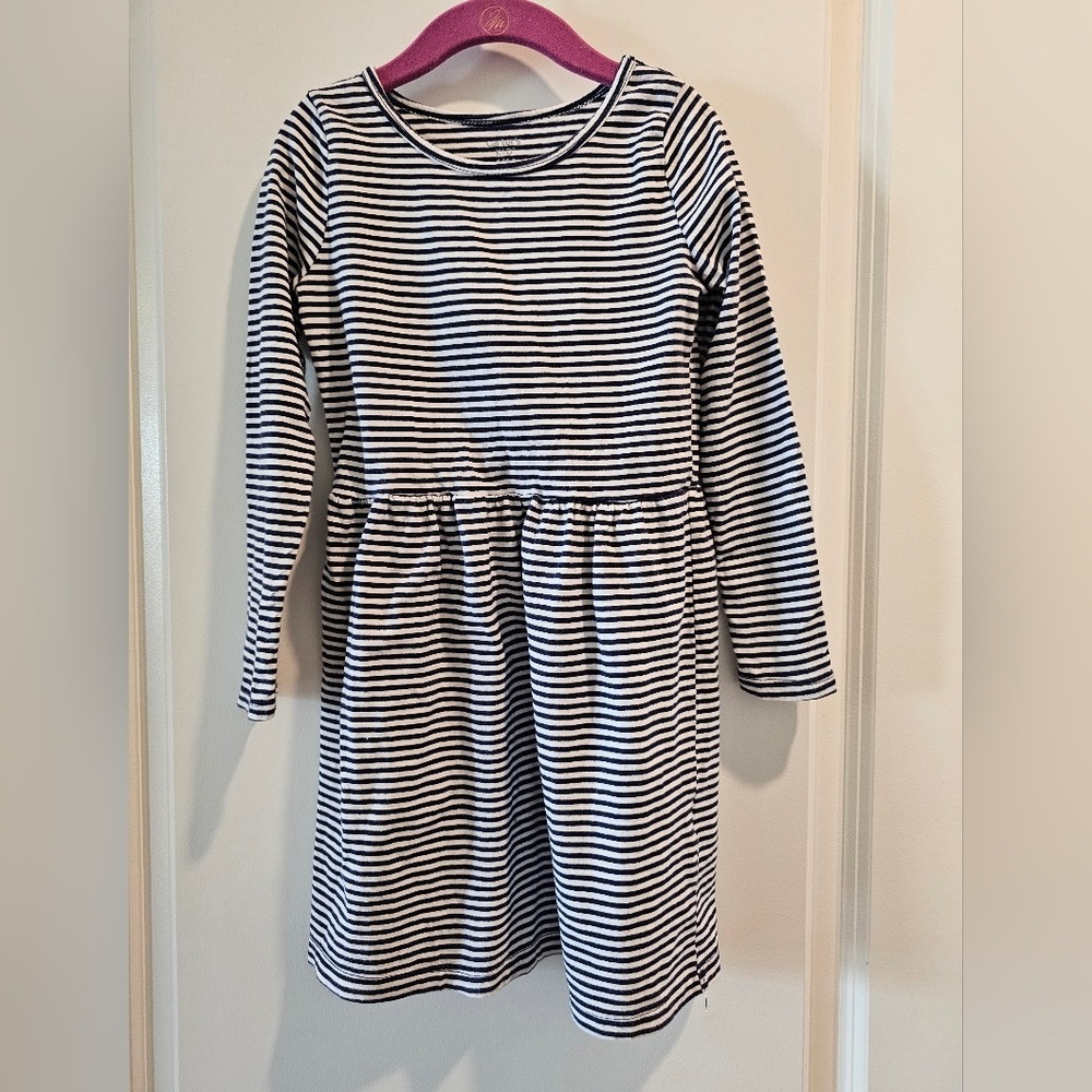 Girl's sz 6‎ Navy Blue White Striped Long Sleeve Jersey Knit Dress Spring School